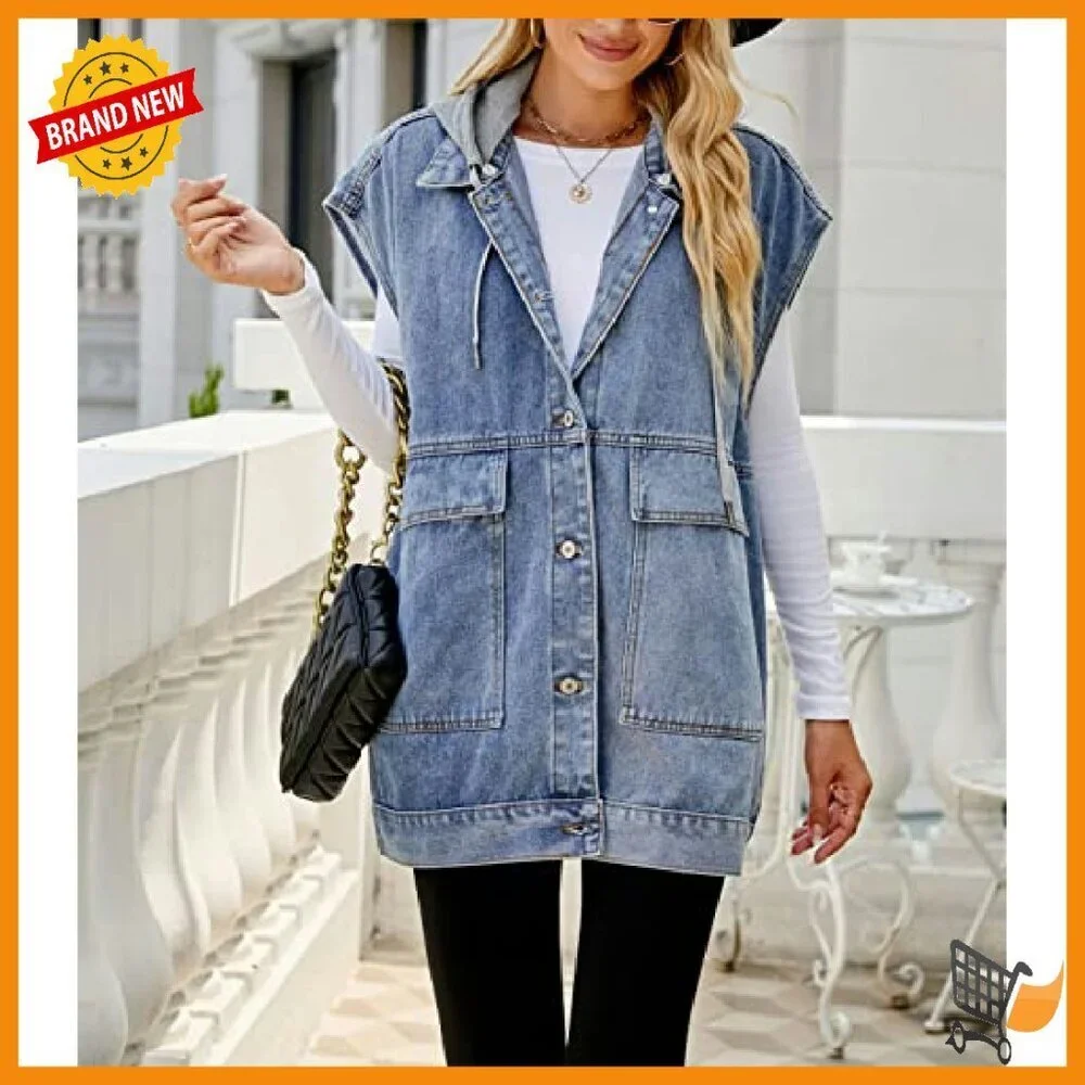 Oversized Denim Vest Sleeveless Jacket Distressed Cotton Mid-Long